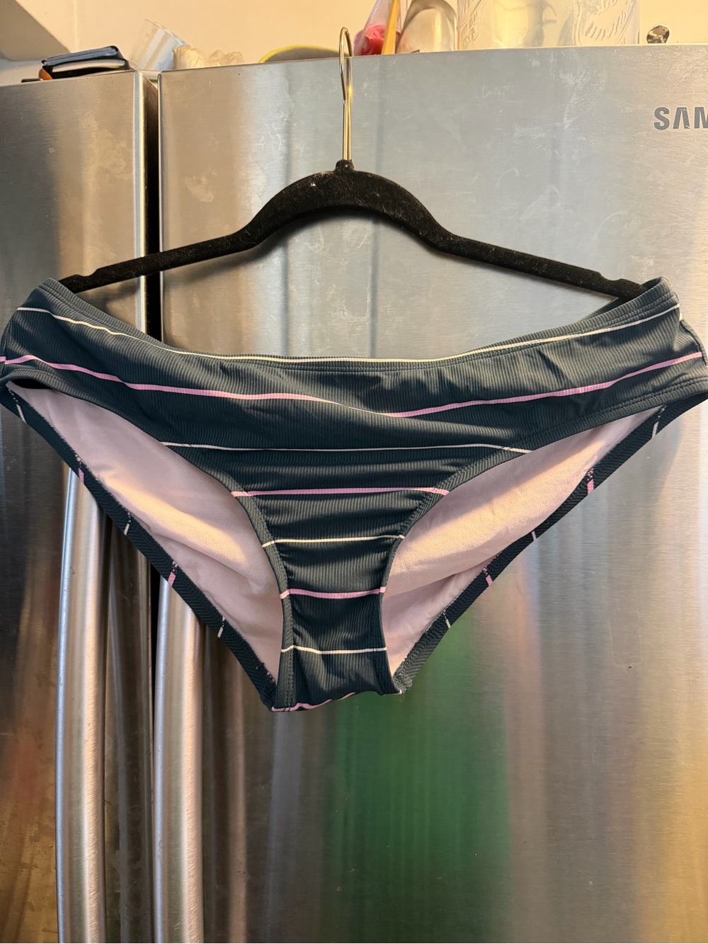 Kona Sol Teal Striped Bikini Bottom with Pink Accents